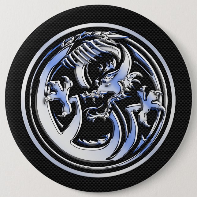 Chrome Dragon Crest dark Carbon Fiber Print Pinback Button (Front)