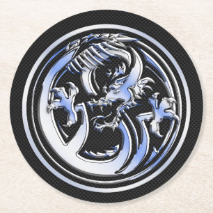 Chrome Dragon Crest dark Carbon Fiber Print Round Paper Coaster