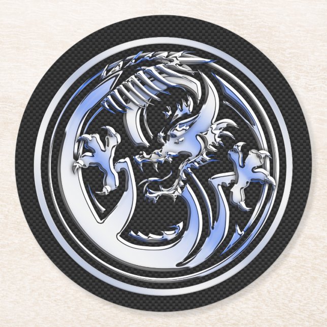Chrome Dragon Crest dark Carbon Fiber Print Round Paper Coaster (Front)