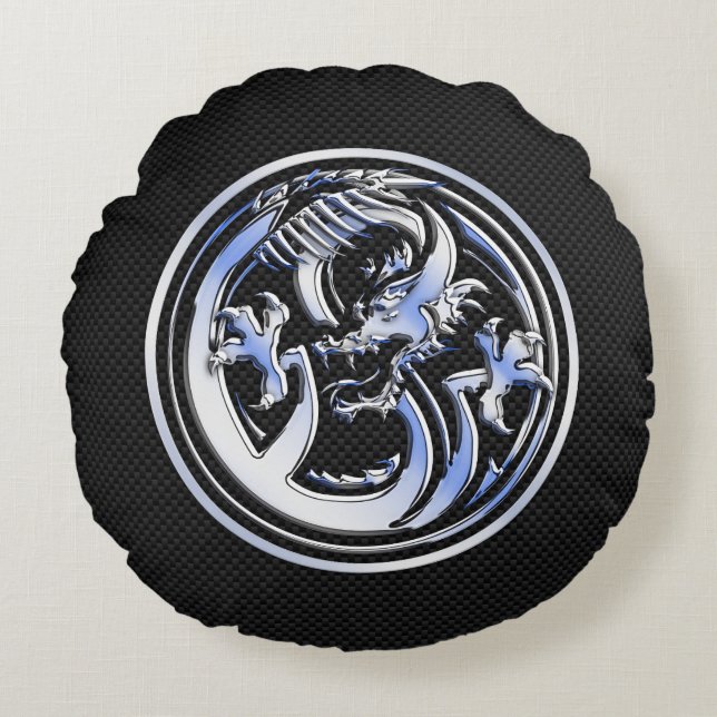 Chrome Dragon Crest dark Carbon Fiber Print Round Pillow (Front)