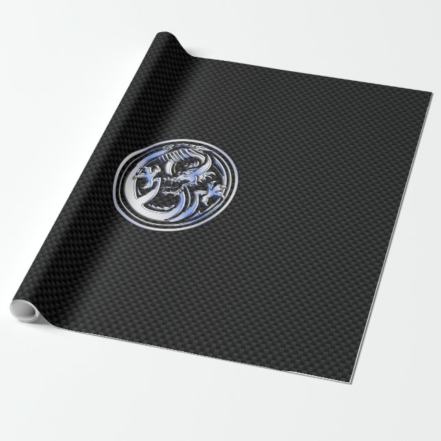 Chrome Dragon Crest dark Carbon Fiber Print Wrapping Paper (Unrolled)