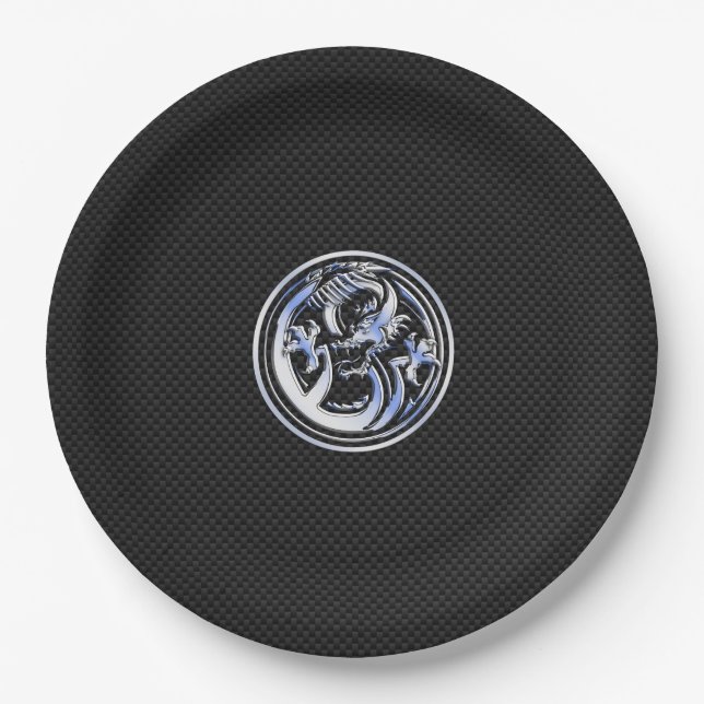 Chrome Dragon Crest in Carbon Fiber Print Paper Plates (Front)