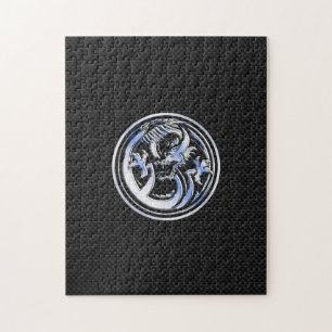 Chrome Dragon Crest on Carbon Fiber Print Jigsaw Puzzle