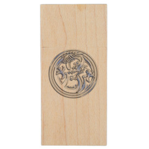 Chrome Dragon Crest on Carbon Fiber Print Wood Flash Drive