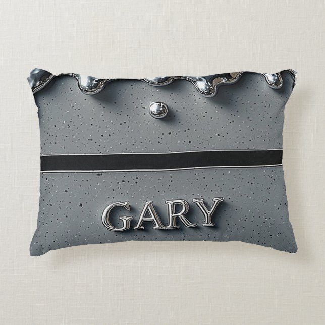 Chrome Drip Gary Name Sleek Silver Luxury Accent Pillow (Front)