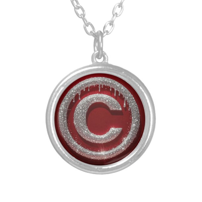 Chrome Drip Glitter Letter C Monogram Silver Plated Necklace (Front)