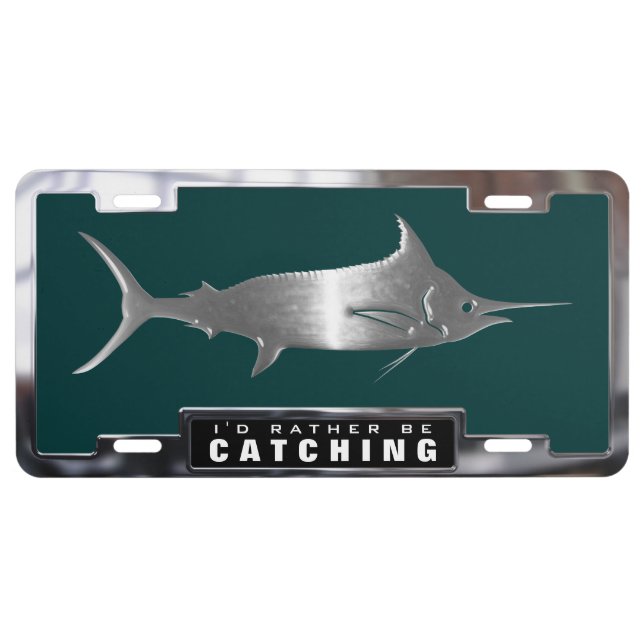 Chrome (faux) Blue Marlin Fish with Frame License Plate (Front)