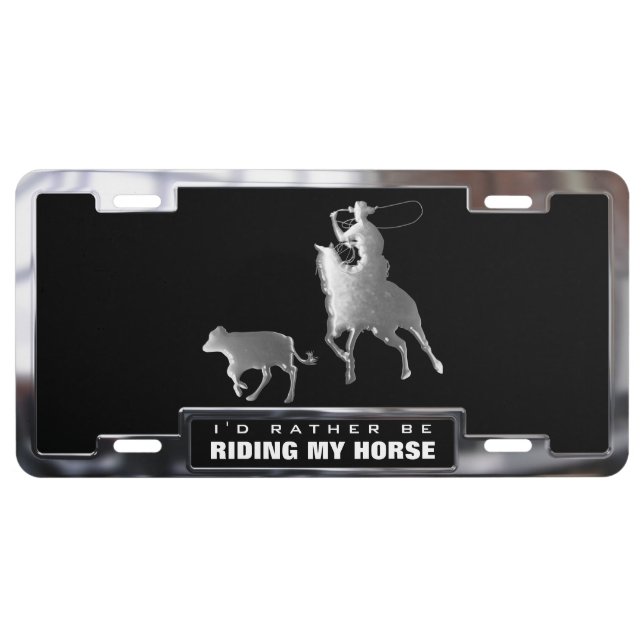 Chrome (faux) Calf Roping Graphic with Frame License Plate (Front)