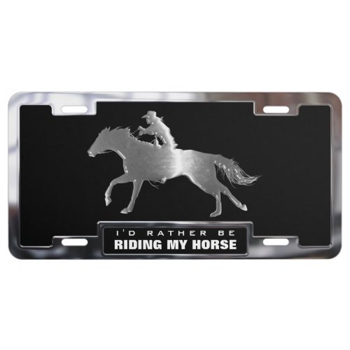 Chrome faux Cowgirl on a Horse with Frame License Plate