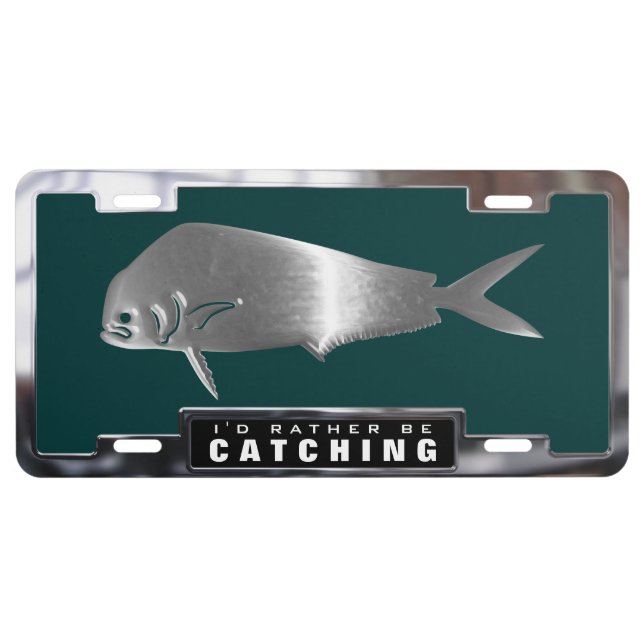Chrome (faux) Dolphin / Mahi Mahi Fish with Frame License Plate (Front)