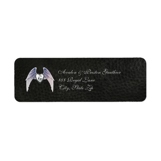 Chrome & Faux Leather Winged Heart Address Label (Front)