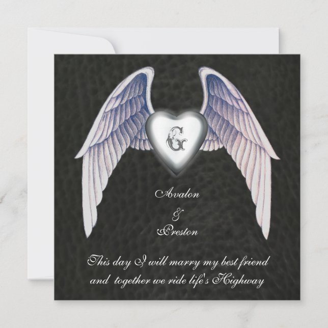 Chrome & Faux Leather Winged Heart Invitation (Front)