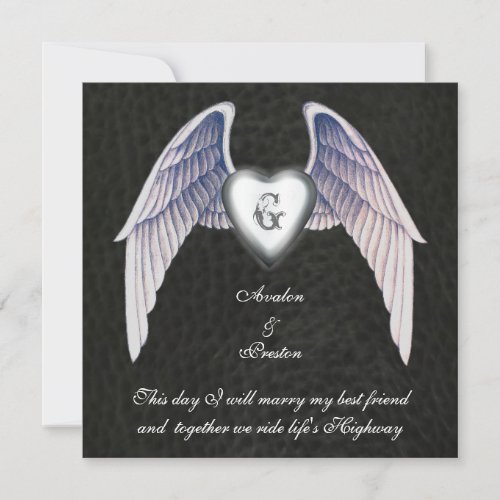Chrome &amp; Faux Leather Winged Heart Invitation