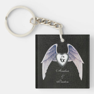 Chrome & Faux Leather Winged Heart Keychain