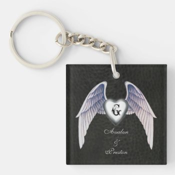 Chrome & Faux Leather Winged Heart Keychain by theedgeweddings at Zazzle