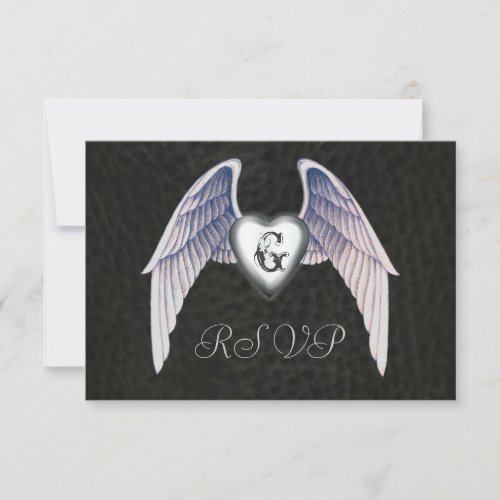 Chrome &amp; Faux Leather Winged Heart RSVP Invitation