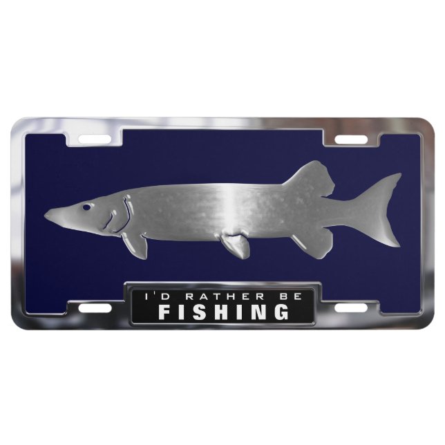 Chrome (faux) Muskie Fish with License Plate Frame (Front)