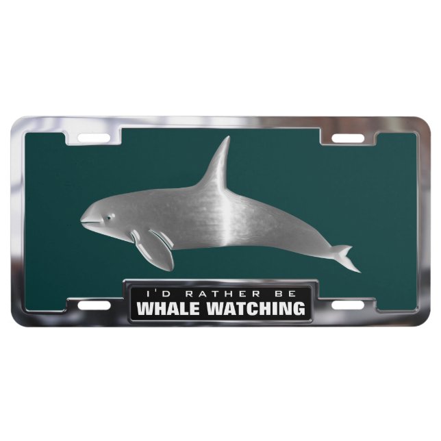 Chrome (faux) Orca Whale with Frame License Plate (Front)