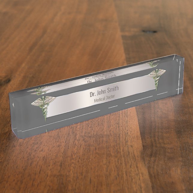 Chrome Holographic 3D Medical Caduceus Desk Name Plate (Side)