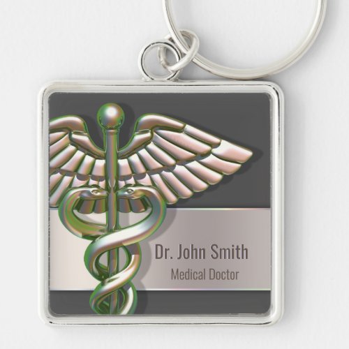 Chrome Holographic 3D Medical Caduceus Keychain