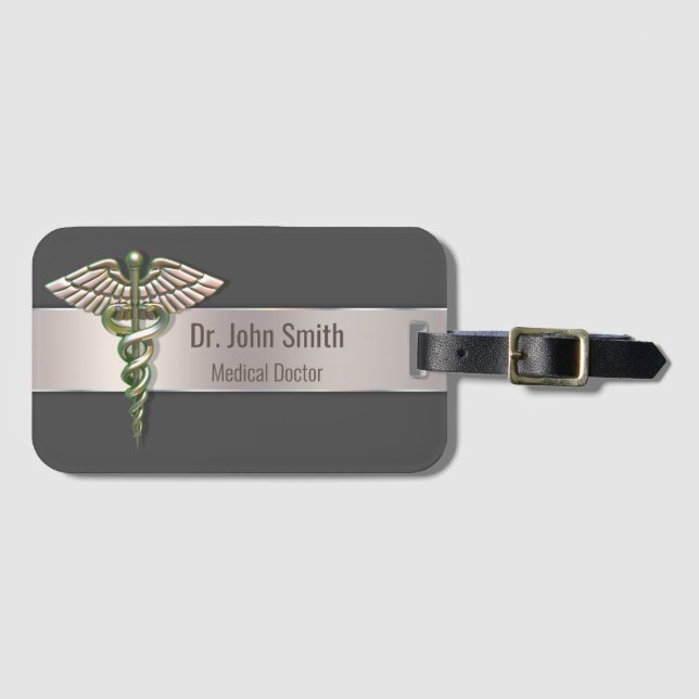 Chrome Holographic 3D Medical Caduceus Luggage Tag (Front Horizontal)