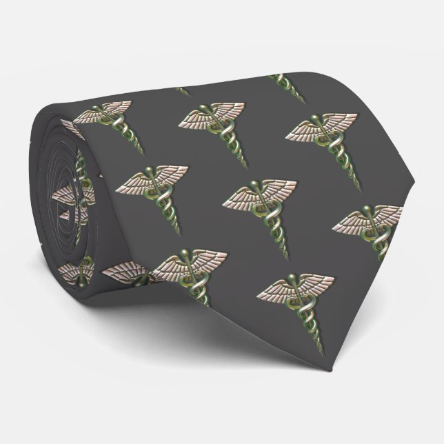 Chrome Holographic 3D Medical Caduceus Pattern Neck Tie (Rolled)