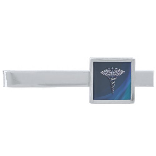 Chrome Holographic Dark 3D Medical Caduceus Silver Finish Tie Bar