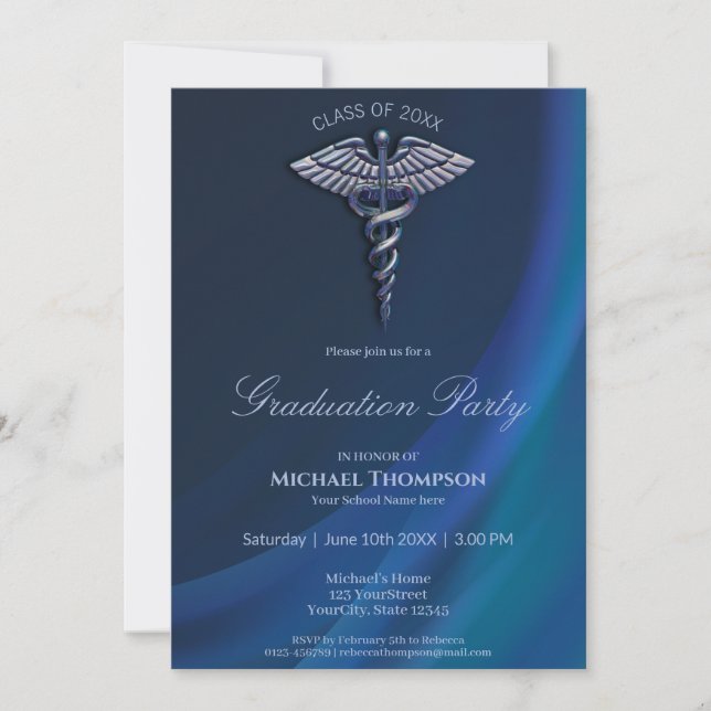 Chrome Holographic Medical Caduceus Graduation Invitation (Front)