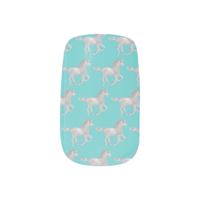 Chrome Horses Aqua Background Minx Nail Art (Left Thumb)