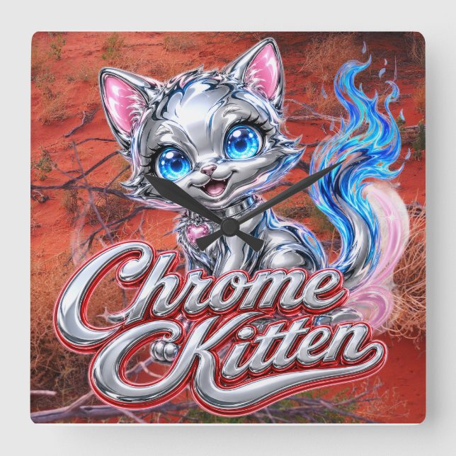 Chrome Kitten Outback Purrer Clock (Front)