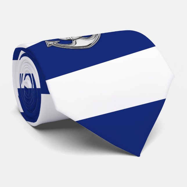 Chrome Lifesaver on Nautical Navy Blue Stripes Neck Tie (Rolled)