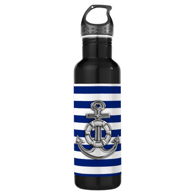 Chrome Lifesaver on Nautical Stripes Water Bottle (Front)