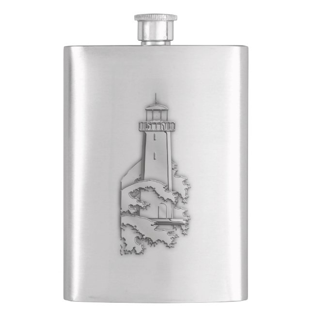 Chrome Lighthouse Nautical Print Flask (Front)