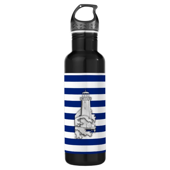Chrome Lighthouse on Nautical Stripes Water Bottle (Front)
