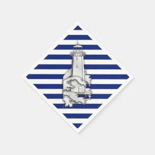 Chrome Lighthouse on Navy Stripes Print Paper Napkins
