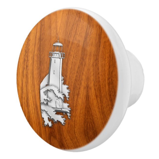Chrome Lighthouse on Teak Wood Grain Print Ceramic Knob (Right)
