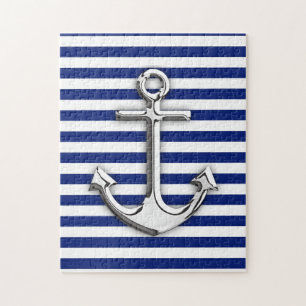 Chrome Like Anchor Design on Navy Stripes Jigsaw Puzzle