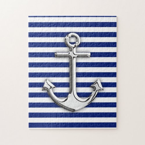 Chrome Like Anchor Design on Navy Stripes Jigsaw Puzzle