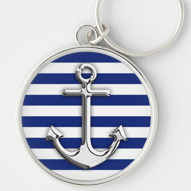 Chrome Like Anchor Design on Navy Stripes Keychain (Front)