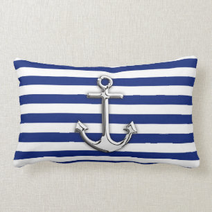 Chrome Like Anchor Design on Navy Stripes Lumbar Pillow