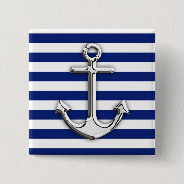 Chrome Like Anchor Design on Navy Stripes Pinback Button (Front)