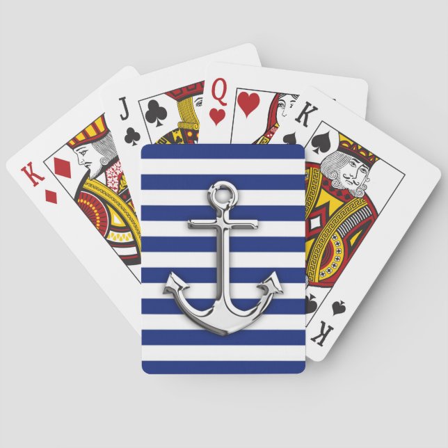 Chrome Like Anchor Design on Navy Stripes Poker Cards (Back)