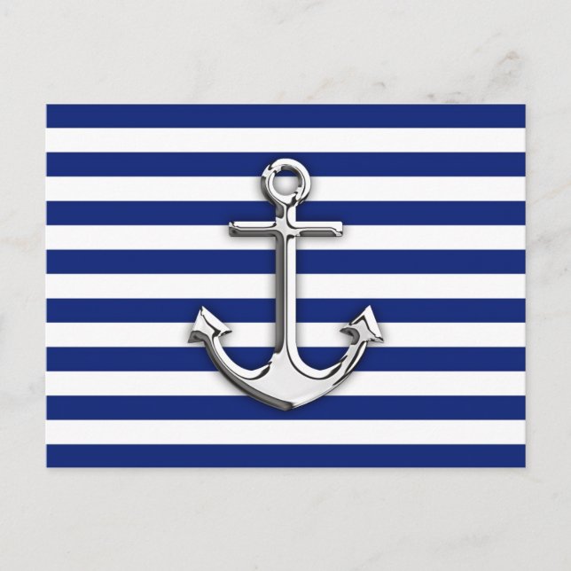 Chrome Like Anchor Design on Navy Stripes Postcard (Front)