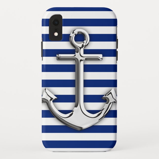 Chrome Like Anchor Graphic on Navy Stripes Case-Mate iPhone Case (Back)