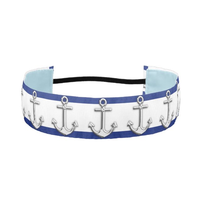 Chrome Like Anchor Nautical Navy Blue Stripes Athletic Headband (Front)