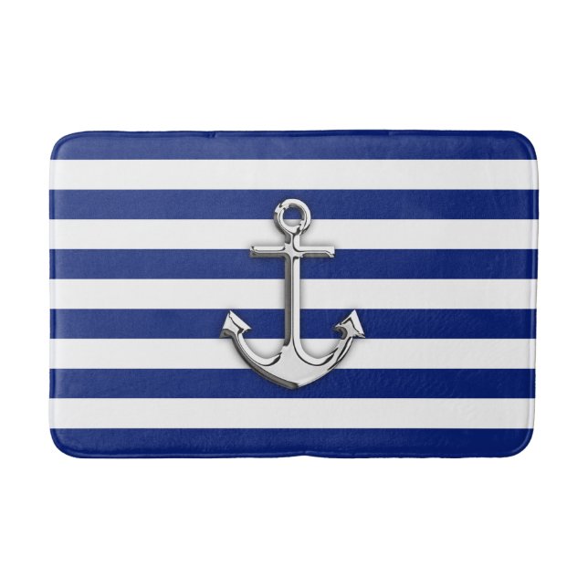 Chrome Like Anchor Nautical Navy Blue Stripes Bathroom Mat (Front)