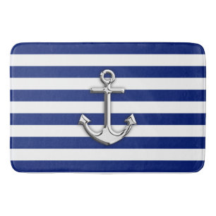 Chrome Like Anchor Nautical Navy Blue Stripes Bathroom Mat