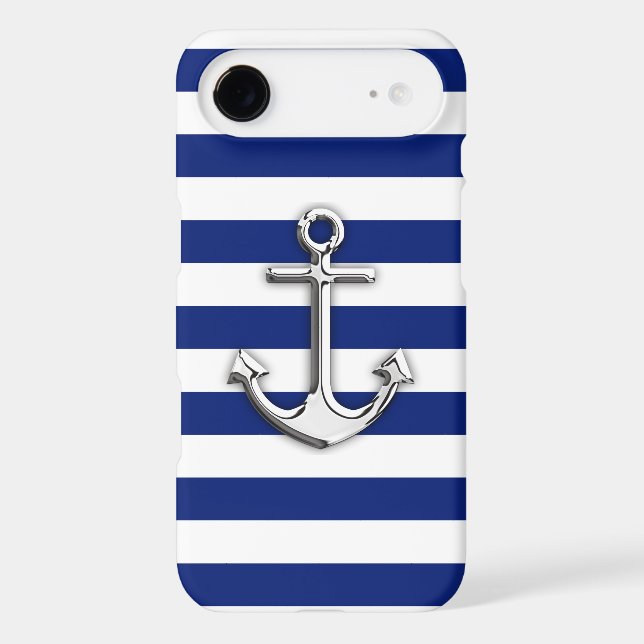 Chrome Like Anchor Nautical Navy Blue Stripes Case-Mate iPhone Case (Back)