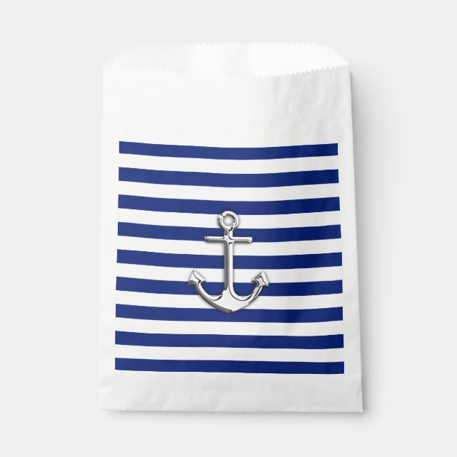 Chrome Like Anchor Nautical Navy Blue Stripes Favor Bag (Front)
