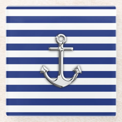 Chrome like Anchor Nautical Navy Blue Stripes Glass Coaster